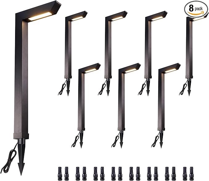 LED Pathway Lights Wired, 12V Landscape Path Lights 3000K/4000K/5000K Adjustable, Low Voltage Outdoor Waterproof, 5W 235LM Black Aluminum for Lawn Garden 8 Pack