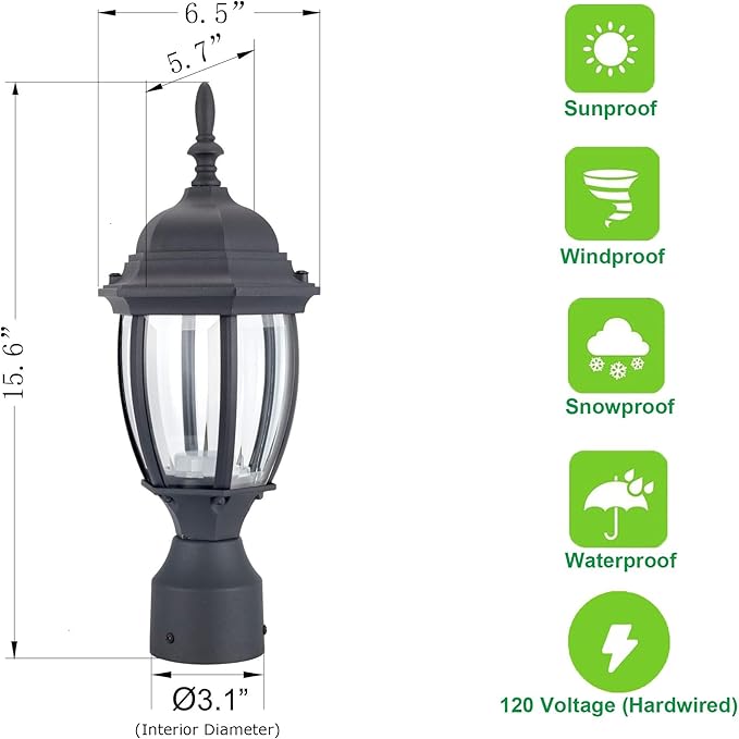 LIT-PaTH LED Outdoor Post Lighting Fixture, Pole Lantern, 9.5W 800 Lumens, 3000K Warm White, Aluminum Housing Plus Glass, Matte Black Finish, 1-Pack
