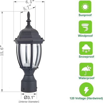 LIT-PaTH LED Outdoor Post Lighting Fixture, Pole Lantern, 9.5W 800 Lumens, 3000K Warm White, Aluminum Housing Plus Glass, Matte Black Finish, 1-Pack
