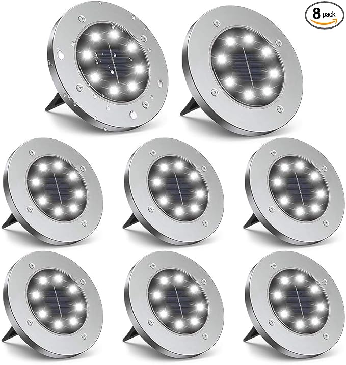 8-Pack White In-Ground Solar Lights, Flat LED Walkway