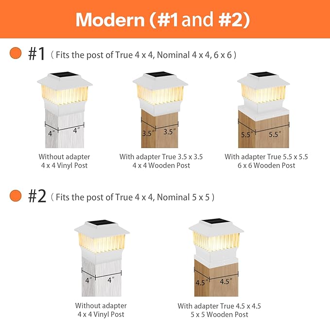 Solar Post Cap Lights 4 Pack, Modern #2: Fits True 4x4 Vinyl & 5x5 Wood Posts, 3 Color Temperature, 50 Lumen Waterproof Outdoor Lights for Deck Fence, Elegant White