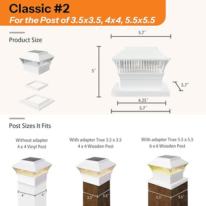Classic Solar Post Cap Light for The Post of 3.5x3.5, 4x4, 5.5x5.5, 25 Lumens 3000K Warm White Filamemt LED, Outdoor Deck Fence Light, Waterproof, White, 2 Pack