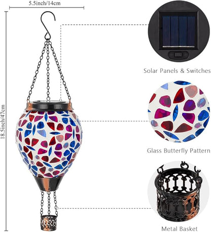 Mosica Hot Air Balloon Solar Lantern, Glass Hanging Solars Lanterns Outdoor Waterproof Decorative Solar Light for Garden, Yard, Patio Decor(Butterfly Pattern)