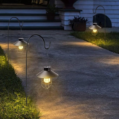 HUYIENO 2Pack Solar Metal Hanging Lantern with Shepherd Hook Outdoor Led Garden Lights Black