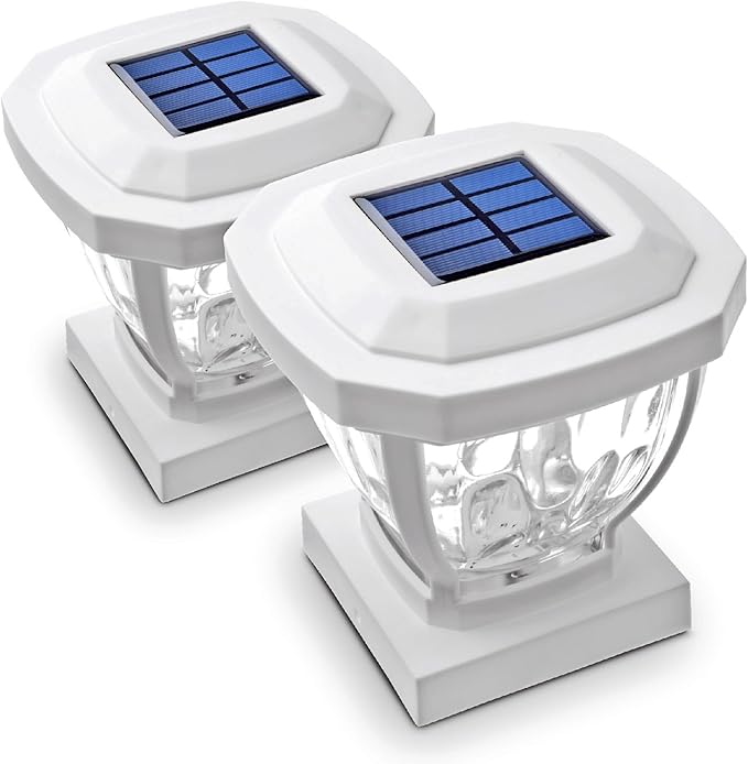 Home Zone Security Solar Post Cap Lights - Decorative Glass LED Outdoor 4x4 (3.5 x 3.5 in.) Post Lights, White (2-Pack)