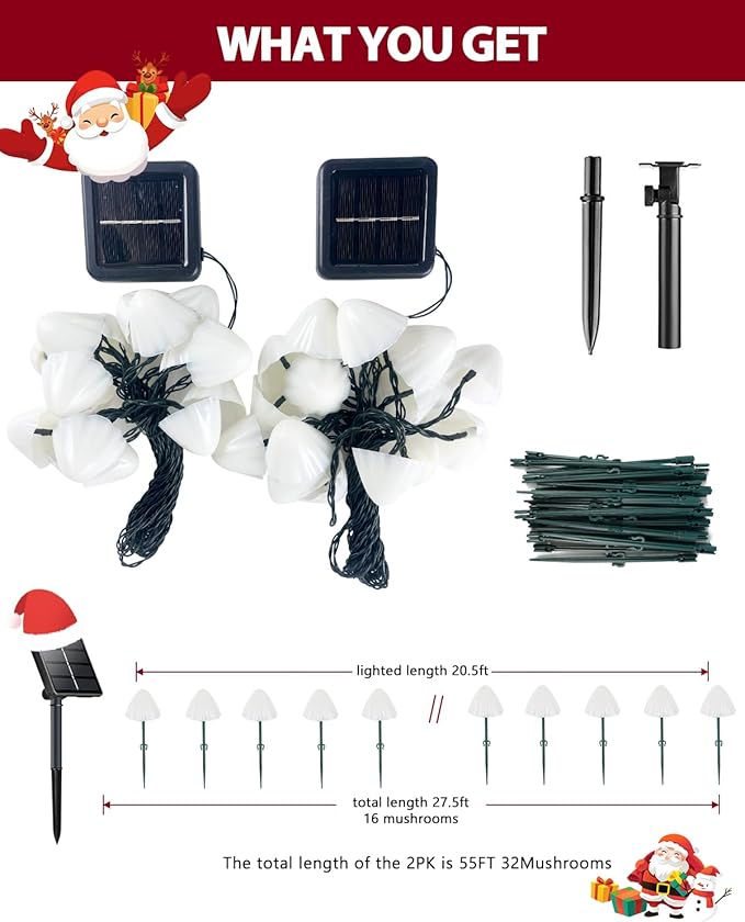 OZS 2PK 32LED 55FT Red and White Christmas Decorations Mushroom Solar Lights, Christmas Lights Outdoor with 8 Lighting Modes, Solar String Lights Waterproof for Outside Yard Party