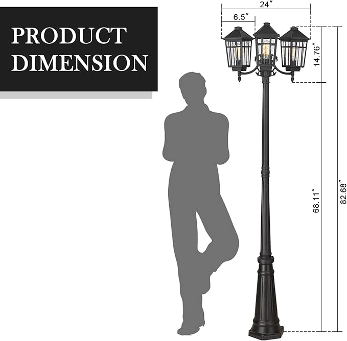 Darkaway Outdoor Post Light,3-Head Outdoor Street Light Pole Lamp Posts Road Lighting Waterproof Aluminum with Glass Outside Lighting Fixture for Backyard Garden Patio Pathway