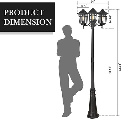 Darkaway Outdoor Post Light,3-Head Outdoor Street Light Pole Lamp Posts Road Lighting Waterproof Aluminum with Glass Outside Lighting Fixture for Backyard Garden Patio Pathway