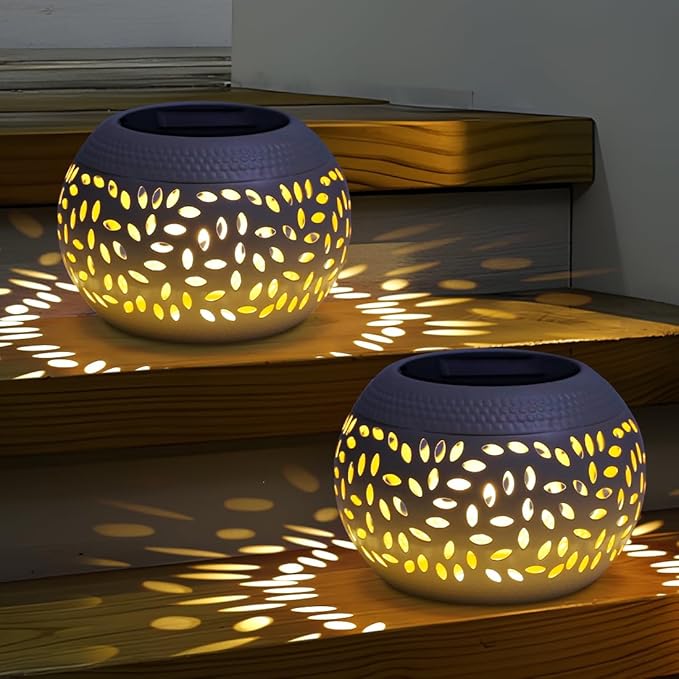 Solar Lanterns Outdoor Table Lights,2 Pack Waterproof Decor,Hollow Out Retro White Metal Patio Lights Gifts for Women Mom Yard Porch Garden Balcony Indoor Tabletop Decorations