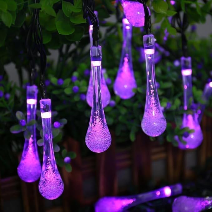 Solar String Light Outdoor Waterproof Solar Drop Lights,Water Drop Fairy Lights 13ft 20LEDs Solar Light with 8 Modes Solar Party Lights for Garden,Christmas Decorations (20ft 30LED Purple)