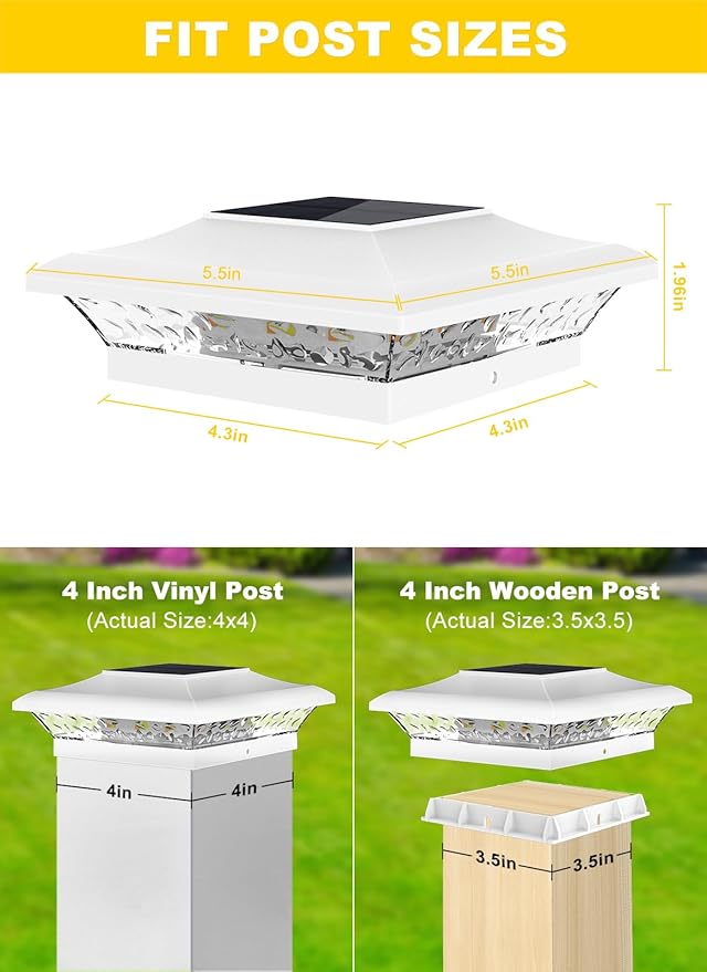 T-SUN 4x4 Post Cap Lights 6 Pack for Vinyl/Wooden Fence,Outdoor Waterproof Warm & Cool White, Deck Solar Post Lights for Patio Garden Yard Lighting