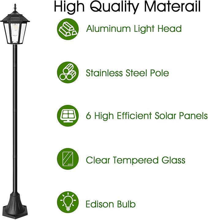 66" Metal Solar Lamp Post Light 50 Lumens, 2 Pack Solar Pole Light Outdoor Waterproof, Post Lighting Outside for Porch Yard Driveway Garden Patio Decor