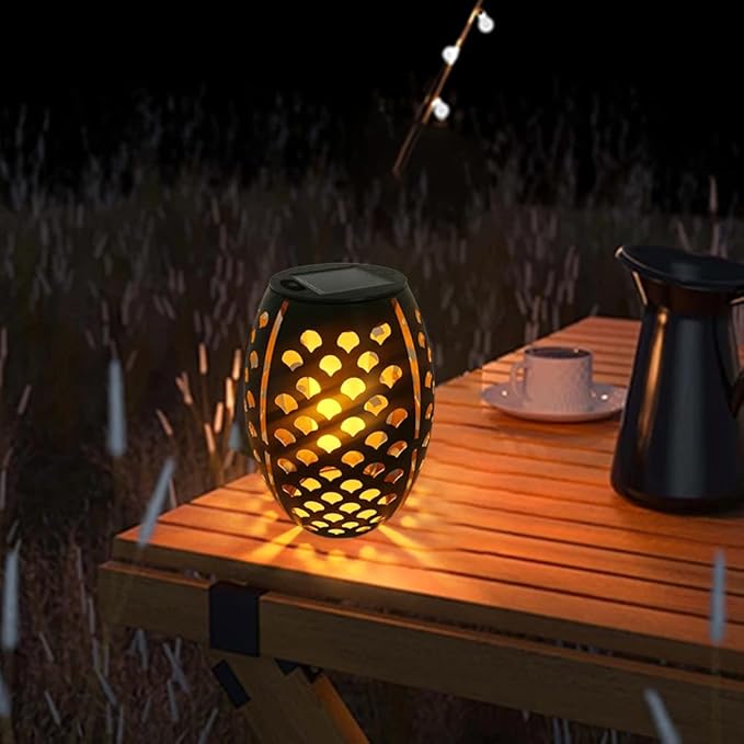 2PCS Solar Table Lanterns with Flickering Flame Light Outdoor Waterproof, Metal Desktop Decorative Lamp with Hollow Design for Tabletop Garden, 7.3" H Black Shell