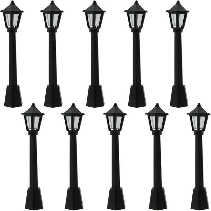 10pcs Mini Lamppost Black Plastic Miniature Railway Train Lamp Post Lights Street Light Model