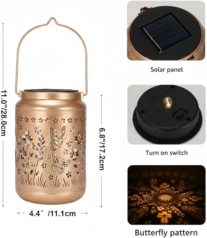 Lyeasw Garden Decor Butterfly Solar Lanterns Waterproof, Christmas Garden Gifts for Women Mom Grandma, Hanging Solar Lights for Outside, Metal Outdoor Decorations for Patio, Yard, Pathway(Bronze)