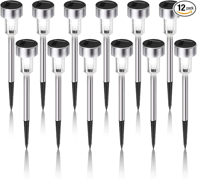 Dream Master Solar Lights Outdoor Waterproof, Stainless Steel LED Landscape Lighting, Solar Garden Lights, Outdoor Decorations for Yard, Pathway, Walkway, Patio, Lawn - 12 Pack (Cold White)