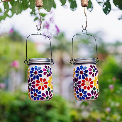 Stargarden 2Pack Mosaic Solar Lantern ,Mosaic Lights ,Outdoor Hanging Jar Lights ,Waterproof Solar Lamps for Tree, Garden, Patio, Yard, Outdoor(Flower)