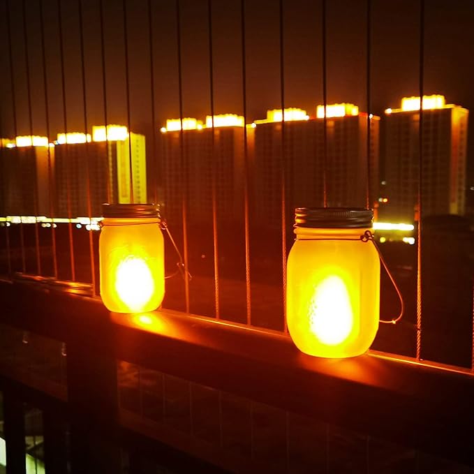 Mason Jar Solar Lights Lanterns, 6-Pack Amber Flame Flicker Lights with Glass Mason Jar,Best for Wedding Garden Patio Outdoor Solar Powered Hanging Lanterns(Jars & Hangers Included)