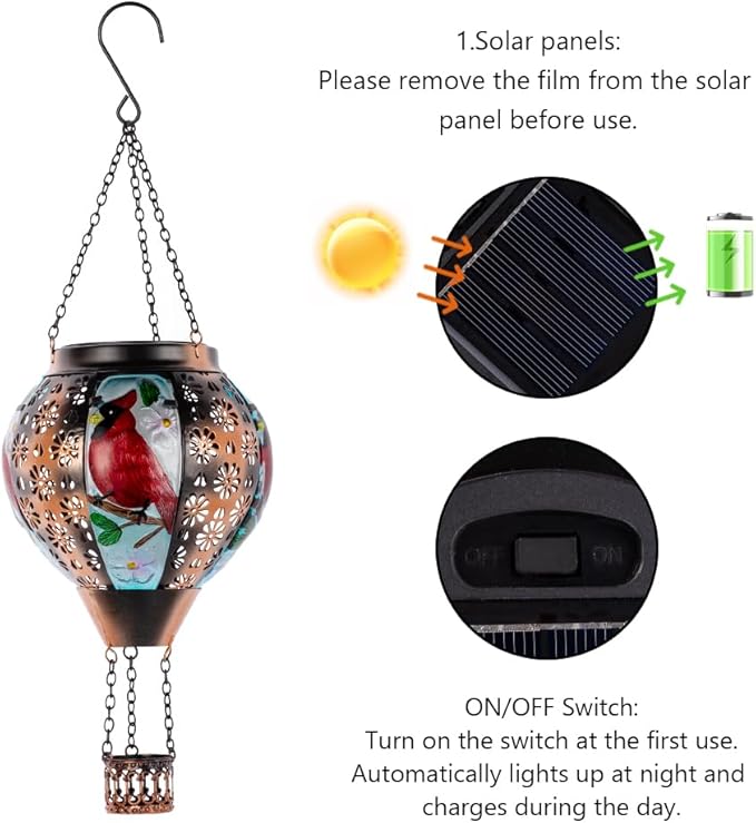 DREAMSOUL Cardinal Hot Air Balloon Solar Lantern, Metal Solar Lantern with Flickering Flame, Solar Lanterns Outdoor Waterproof for Lawn Patio Decor