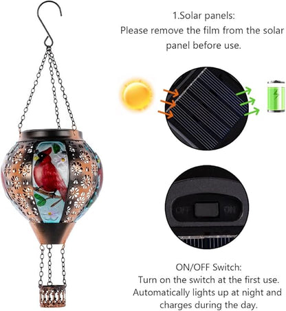 DREAMSOUL Cardinal Hot Air Balloon Solar Lantern, Metal Solar Lantern with Flickering Flame, Solar Lanterns Outdoor Waterproof for Lawn Patio Decor