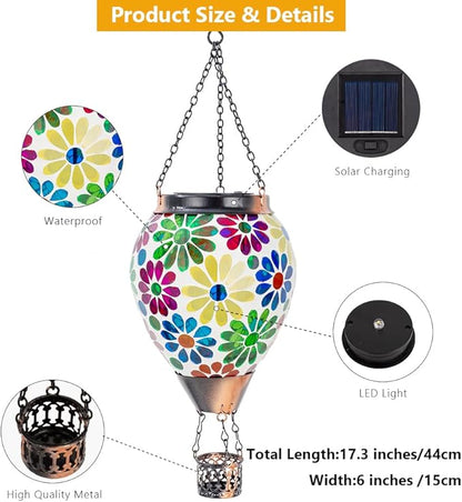 Starsoul Mosaic Flowers Hot Air Balloon Solar Lantern Glass Outdoor Hanging Hot Air Balloon Solar Flickering Flame Light Waterproof Garden Patio Yard Party Decorations Gifts for Women