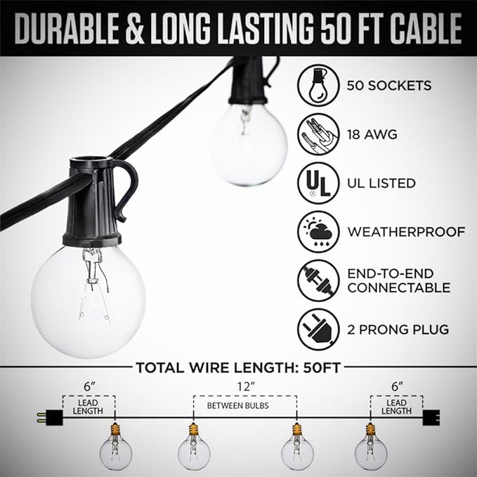Outdoor String Lights, 50ft Black Waterproof LED