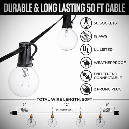GOOTHY 50FT Outdoor Globe String Lights, G40 Patio Lights Outdoor Waterproof with 53 Clear Bulbs, Hanging Indoor Porch String Lights for Garden Bistro Party Outdoor Balcony Decorations- Black Cord
