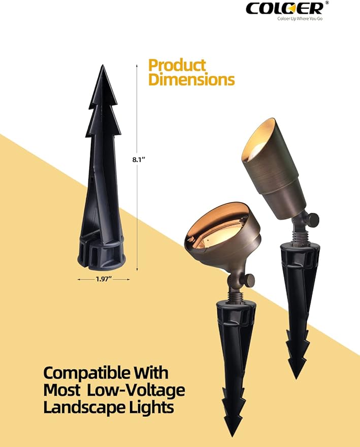 COLOER Landscape Lights 8 Inch In-Ground Stake Spikes Replacement 1/2" NPS Thread with Side Wire Way Medium Size, Heavy Duty Universal Slot Large Ground Post for Outdoor Garden Lights(2 Pack)