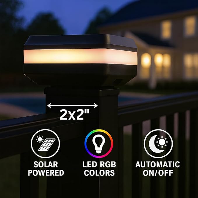 4 Pack Solar Post Cap Lights for 2x2 inch Aluminum, Wrought Iron, and Garden/Pool Fences, Warm White, Cool White, and Selectable RGB Colors with Built-in Color-Changing Holiday/Party Mode!