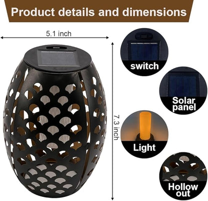 2PCS Solar Table Lanterns with Flickering Flame Light Outdoor Waterproof, Metal Desktop Decorative Lamp with Hollow Design for Tabletop Garden, 7.3" H Black Shell