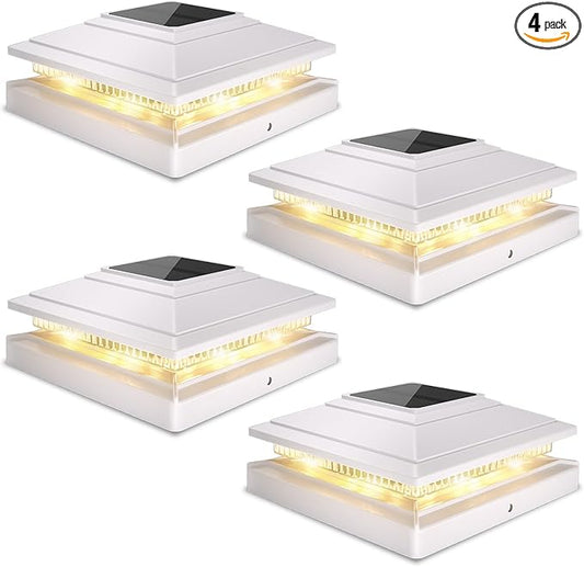 Post Cap Lights Outdoor 4pack, Waterproof Fence Post Solar Lights for 4x4 5x5 6x6 Wood/Vinyl Posts, White Solar Deck Post Lights with 2 Color Modes Decorate Garden Patio Porch Backyard