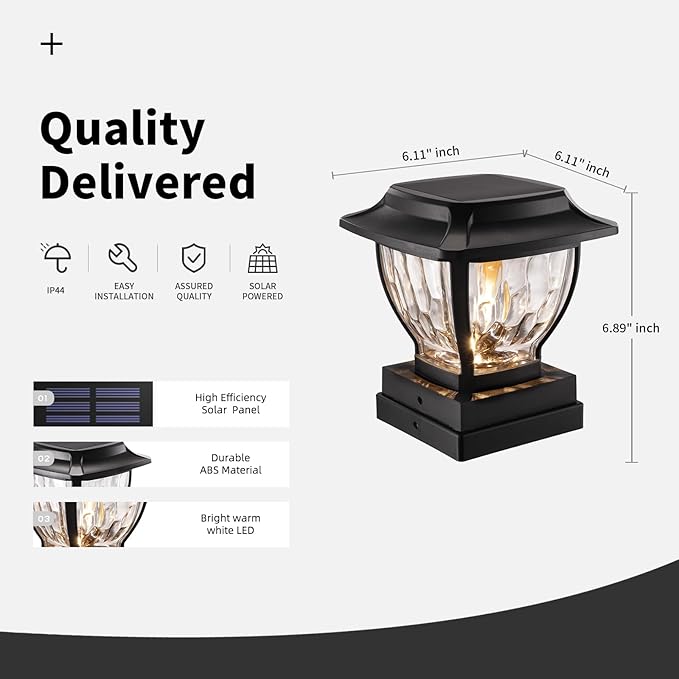 Solar Post Cap Lights Outdoor, Glass Deck Fence Post Cap Light Solar Powered for 4x4 Vinyl/Wooden Posts, Solar Lamp Post Light with 2 Lighting Modes for Patio Garden, Bright Warm White (2 Pack)