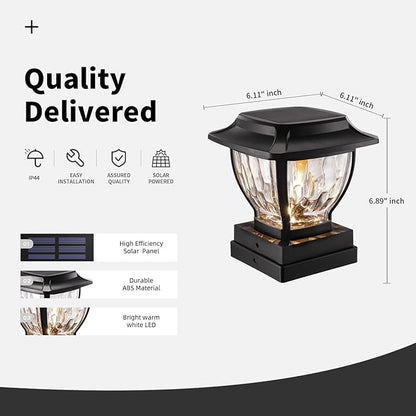 Solar Post Cap Lights Outdoor, Glass Deck Fence Post Cap Light Solar Powered for 4x4 Vinyl/Wooden Posts, Solar Lamp Post Light with 2 Lighting Modes for Patio Garden, Bright Warm White (2 Pack)