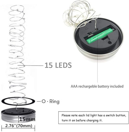 Solar Mason Jar Lights, 8 Pack 15 LED Waterproof Fairy Firefly Jar Lids String Lights with Hangers(NO Jars), Patio Yard Garden Wedding Easter Decoration - Cool White