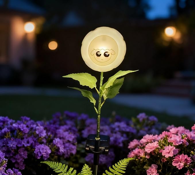 Personified Bobble Face Wind Spinners Sunflower Solar Fairy Light Outdoor with Funny Sheep Face - Garden Decor, Waterproof Auto-On/Off Pathway, Lawn, Yard Stake Light for Decorations - Single Pack