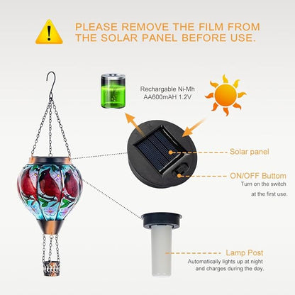 DREAMSOUL Cardinal Hot Air Balloon Solar Lantern, Hanging Solar Lanterns Outdoor with Flickering Flame Light, Glass Outdoor Lantern Waterproof for Patio Yard Party Gift Decor