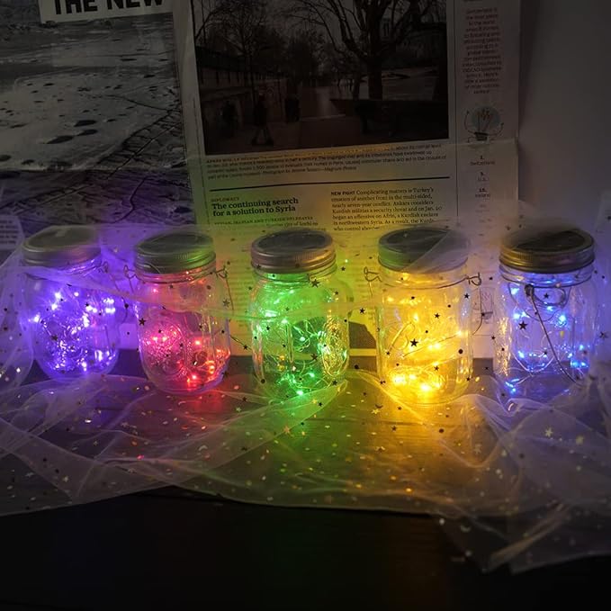 Miaro 8 Pack Mason Jar Lights, 20 LED Solar Warm White Fairy String Lights Lids Insert for Garden Deck Patio Party Wedding Multicolor