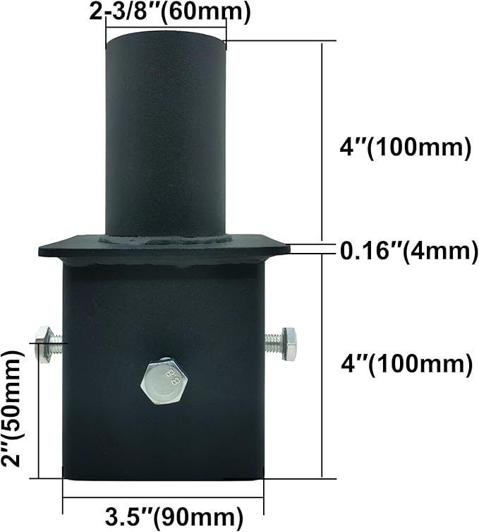 Light Pole Tenon Adapter for 4 Inch Square Pole, Metal 3.5" Square Slip Fitter Adapter with 2 3/8 Round Adaptor for Parking Lot Light, Outdoor Mount Bracket, Street Lights (4" Square Tenon Adapter)