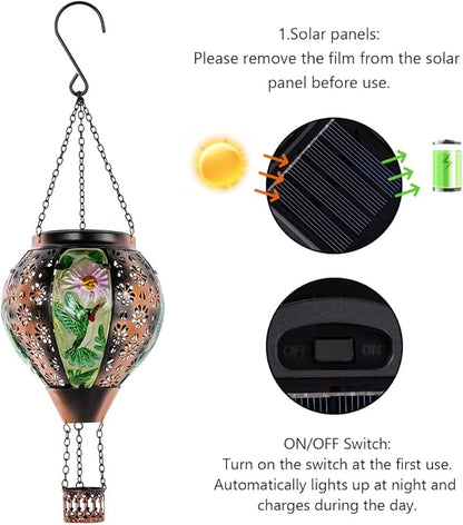 DREAMSOUL Hummingbird Hot Air Balloon Solar Lantern, Metal & Glass Flickering Flame Light Solar Lantern, Hanging Waterproof Solar Lanterns Outdoor for Garden Patio Tree Decoration
