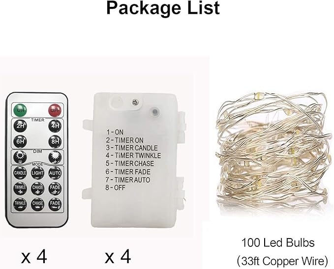 Christmas 4 Pack 33Ft 100 Cool White Led Fairy Lights Battery Operated with Remote Control Timer Waterproof Silver Copper Wire Twinkle Lights