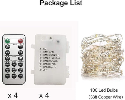 Christmas 4 Pack 33Ft 100 Cool White Led Fairy Lights Battery Operated with Remote Control Timer Waterproof Silver Copper Wire Twinkle Lights
