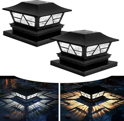 TW SHINE 2 Pack Solar Outdoor Fence Post Lights, 2 Modes Post Cap Lights Waterproof Color Changing Warm White/Cool White for Yard, Garden, Porch, Patio Decor, for 4x4 5x5 6x6 Wood Posts