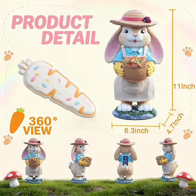 11" Rabbit Solar Garden Decor Bunny Outdoor Statue with Light Gift Idea Light Decorations for Yard Garden Patio Mom Gift