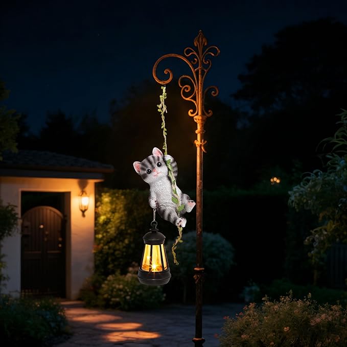 Solar Hanging Cat Statue, Outdoor Resin Black Cat Figurine with LED Lights, Kitty Animal Ornament for Garden, Fence, Porch, Patio, Yard Decor, Dusk to Dawn Auto On/Off