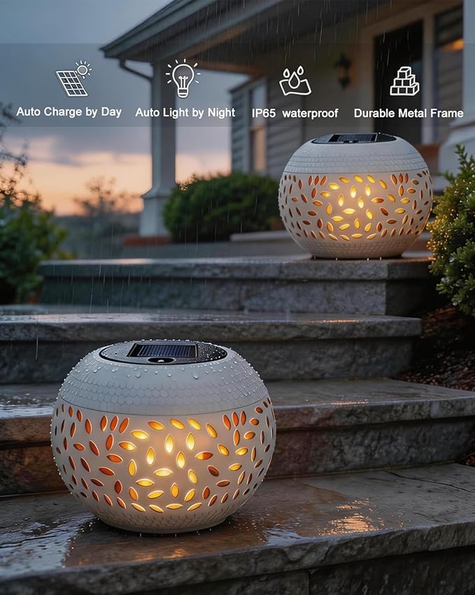 Solar Table Lights Outdoor Waterproof - 2 Pack Dancing Flickering Flame Lamp White Metal Tabletop Light Solar Powered Decorative Lighting Lantern for Desk Bedroom Patio Garden Pathway Yard