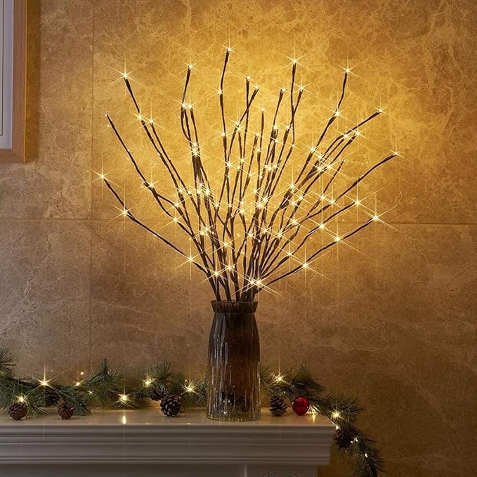 6PK Lighted Branches Brown Twig Stake with 120LED Warm White Lights, 30" Pathway Light for Outdoor and Indoor Use(Vase Excluded)