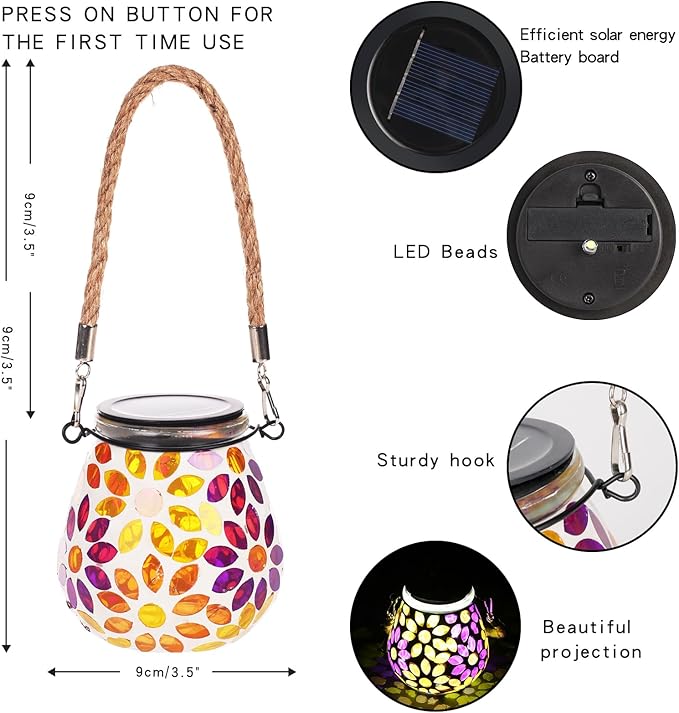 Mosaic Solar Lights Outdoor Lanterns, Decorative Mosaic Glass Solar Lamps Outdoor Waterproof, Hanging Lanterns Solar Night Lights for Garden,Patio,Pathway & Yard Décor (Flower)