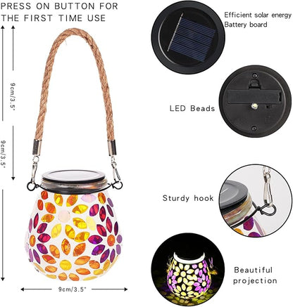 Mosaic Solar Lights Outdoor Lanterns, Decorative Mosaic Glass Solar Lamps Outdoor Waterproof, Hanging Lanterns Solar Night Lights for Garden,Patio,Pathway & Yard Décor (Flower)