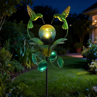 Solar Lights Outdoor Metal Garden Stake Waterproof Crackle Glass Globe Garden Decor Green Hummingbird for Pathway, Lawn, Patio, Yard
