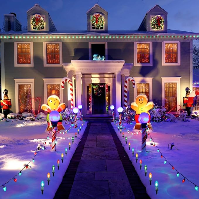 Brightown C9 Christmas Lights Outdoor, 4 Packs Total 103 Ft Christmas Pathway Lights with 80 LED Bulbs and Stakes, Connectable Outdoor Christmas Decorations Yard Walkway Sidewalk Holiday, Multicolor